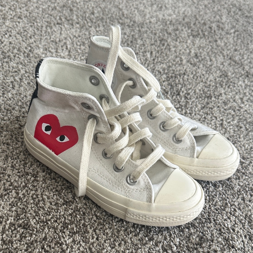 Converse White and Red High-Top Sneakers with Heart Design